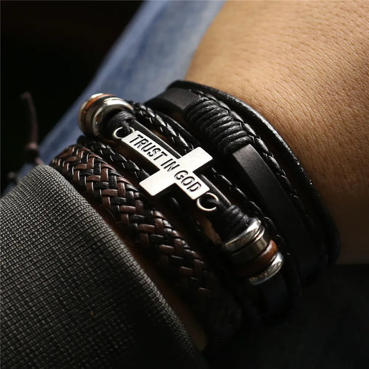 3 Pcs/Set  PULSERAS UNISEX DE CUERO TRUST IN GOD ,CROSS Y VERSICULOS