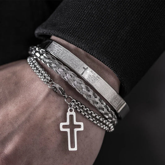 3 EN 1 PULSERA ACERO INOXIDABLE CON PADRE NUESTRO PARA HOMBRE